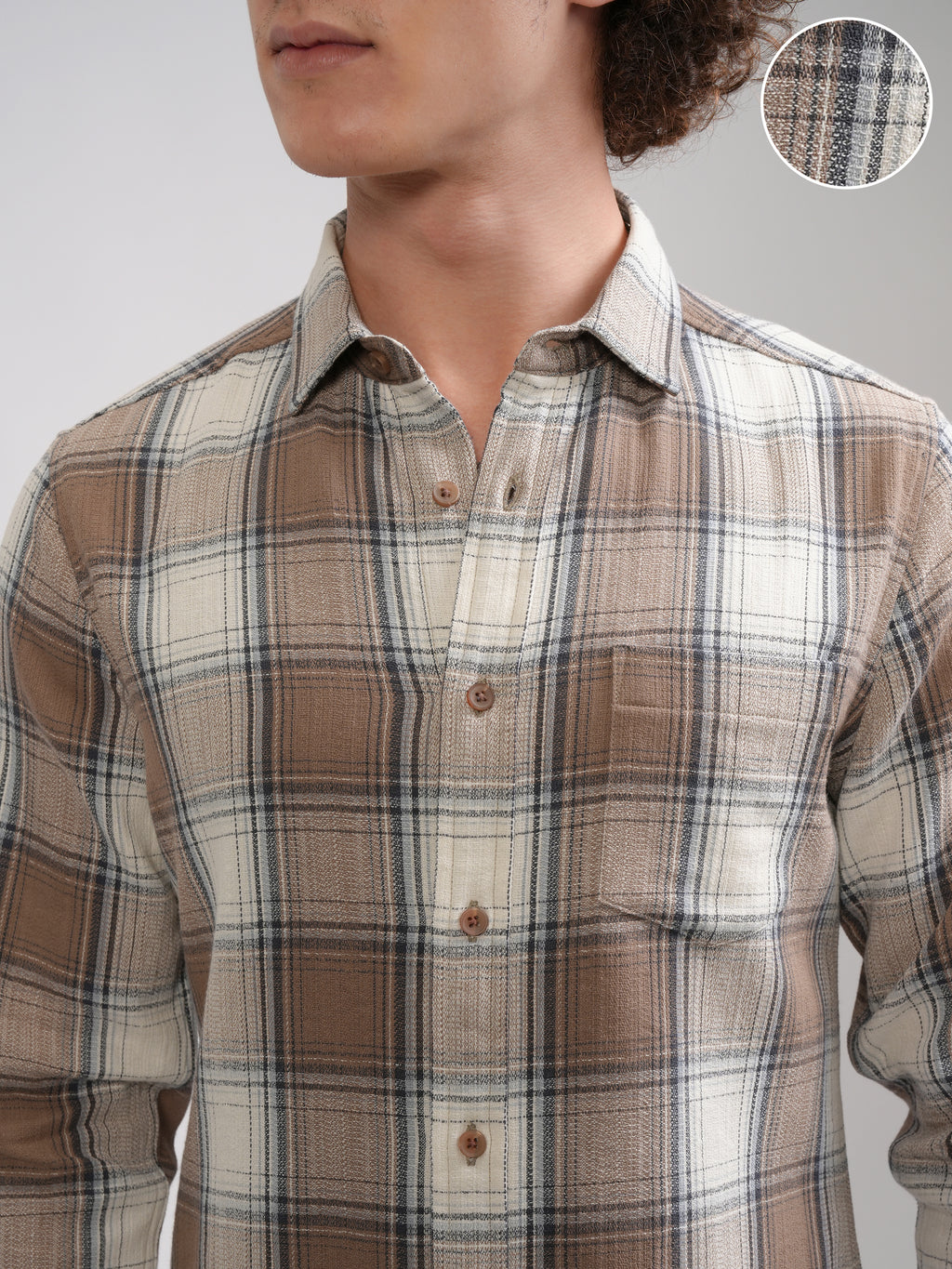 Highlander Men Cream Checked Slim Fit Casual Shirt - Cream - Image 5