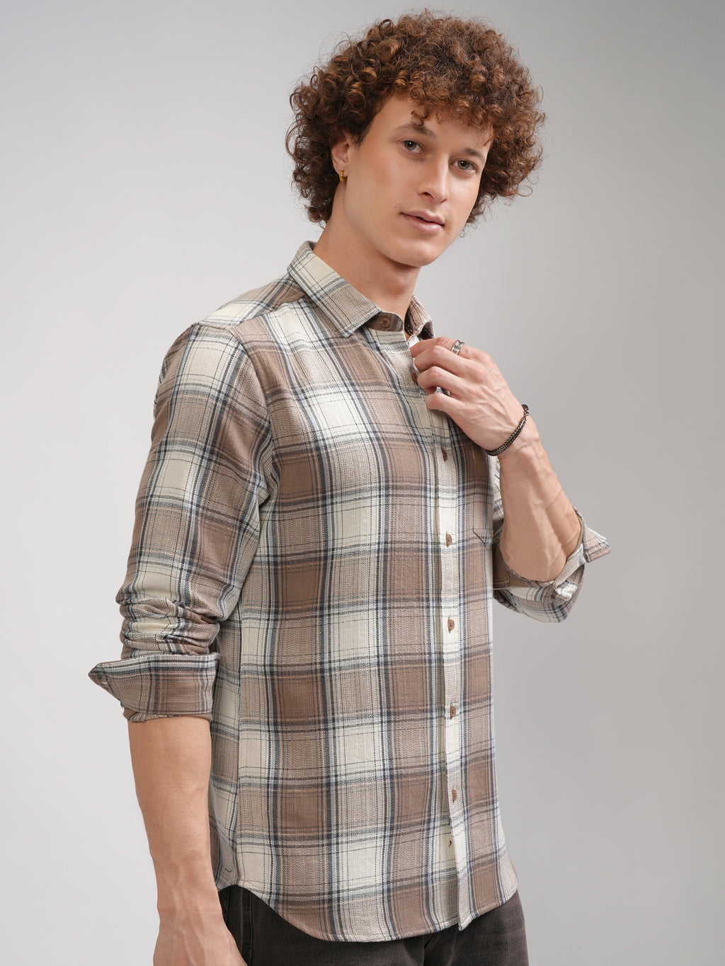 Highlander Men Cream Checked Slim Fit Casual Shirt - Cream - Image 6