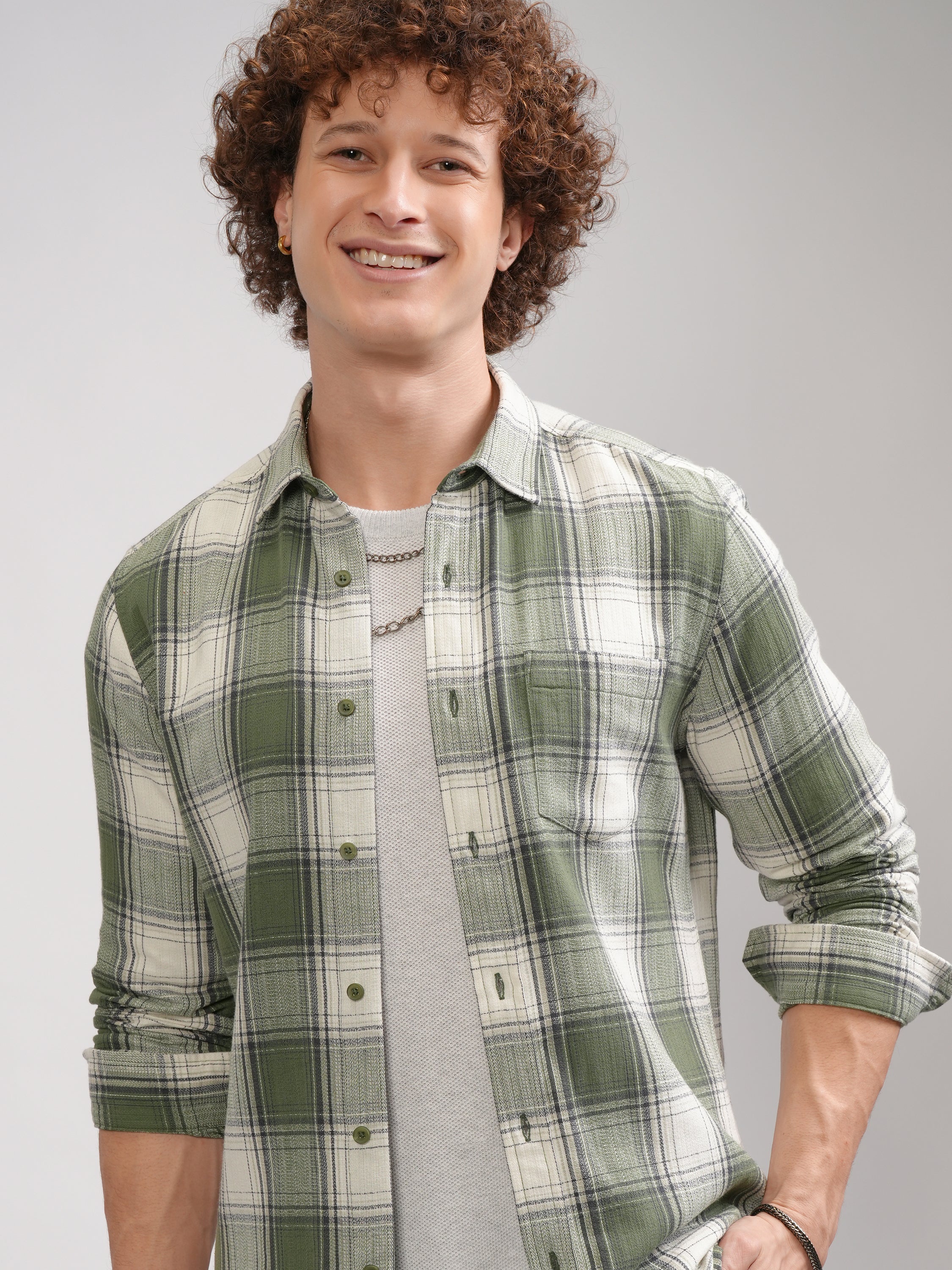 Highlander Men Cream Checked Slim Fit Casual Shirt - Cream - Image 1