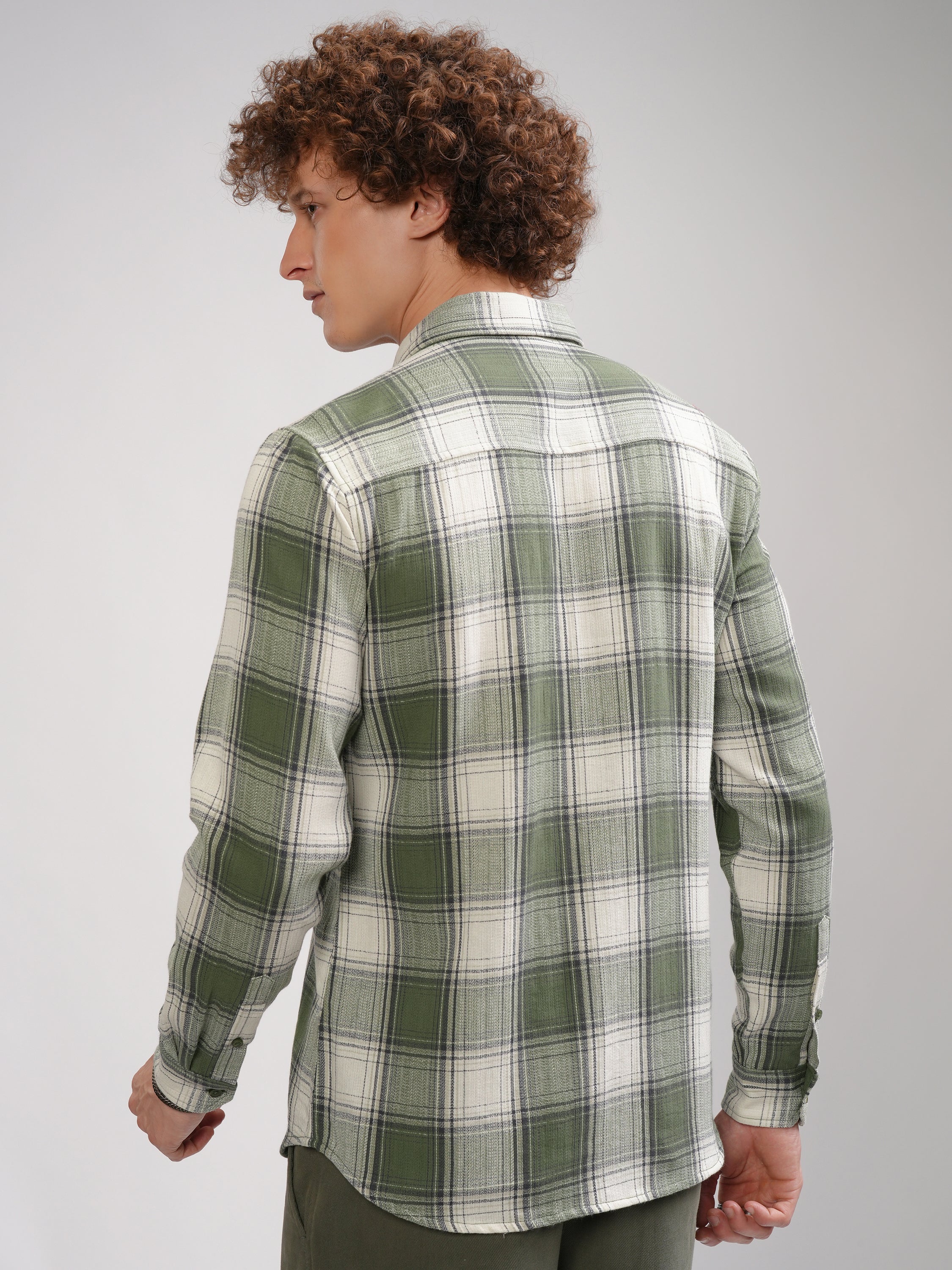 Highlander Men Cream Checked Slim Fit Casual Shirt - Cream - Image 3