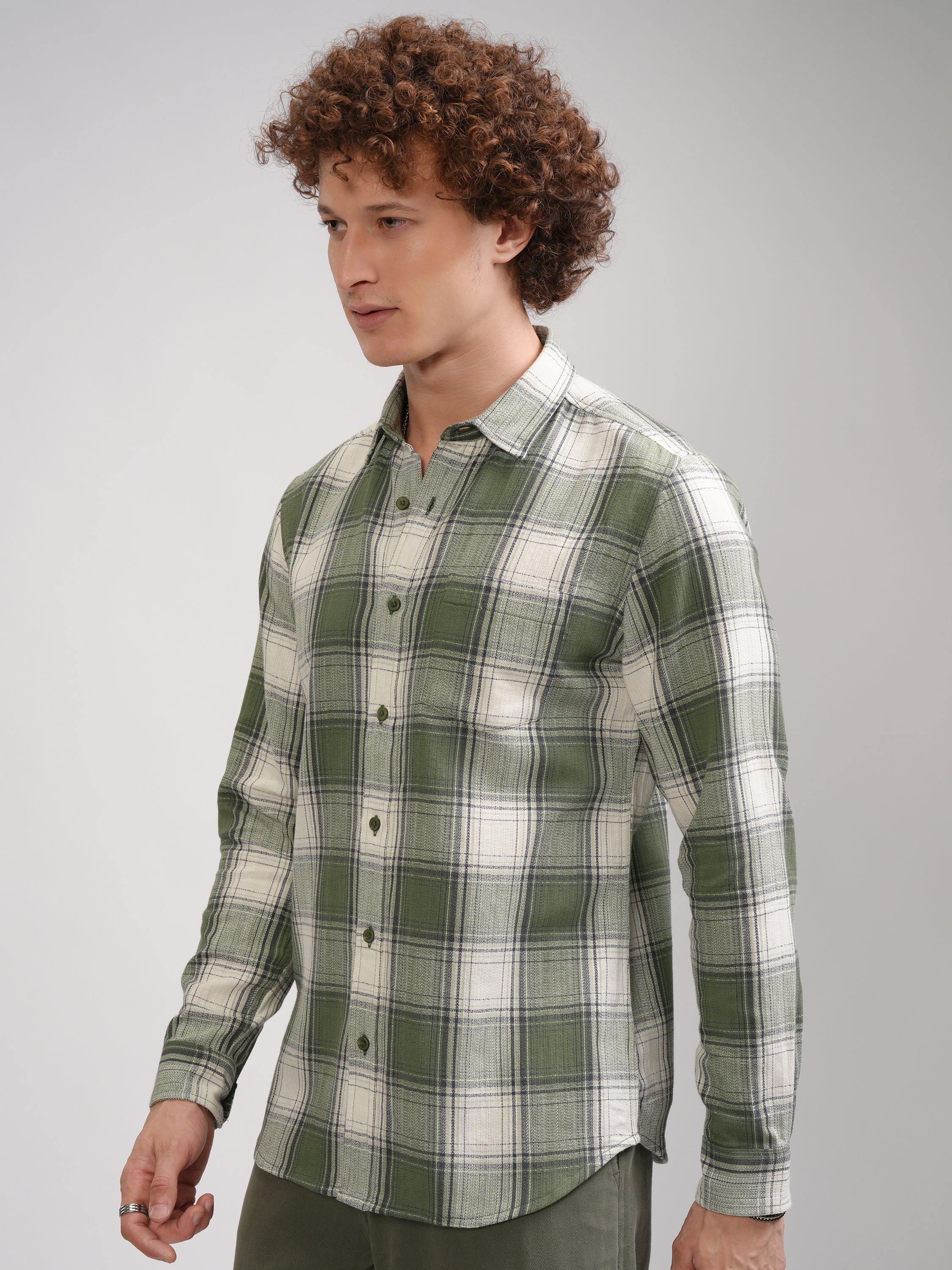 Highlander Men Cream Checked Slim Fit Casual Shirt - Cream - Image 4