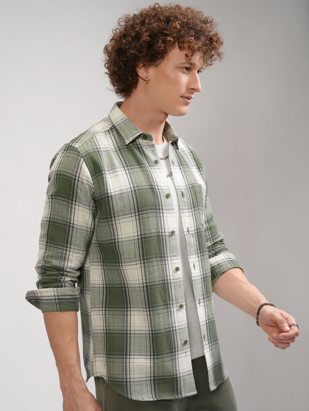 Highlander Men Cream Checked Slim Fit Casual Shirt - Cream - Image 6