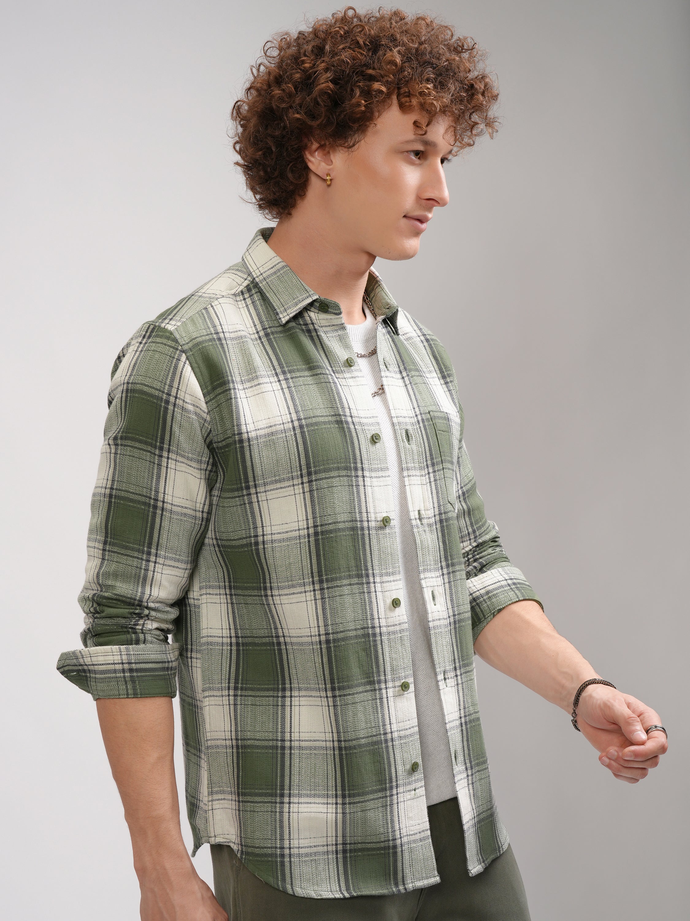 Highlander Men Cream Checked Slim Fit Casual Shirt - Cream - Image 6