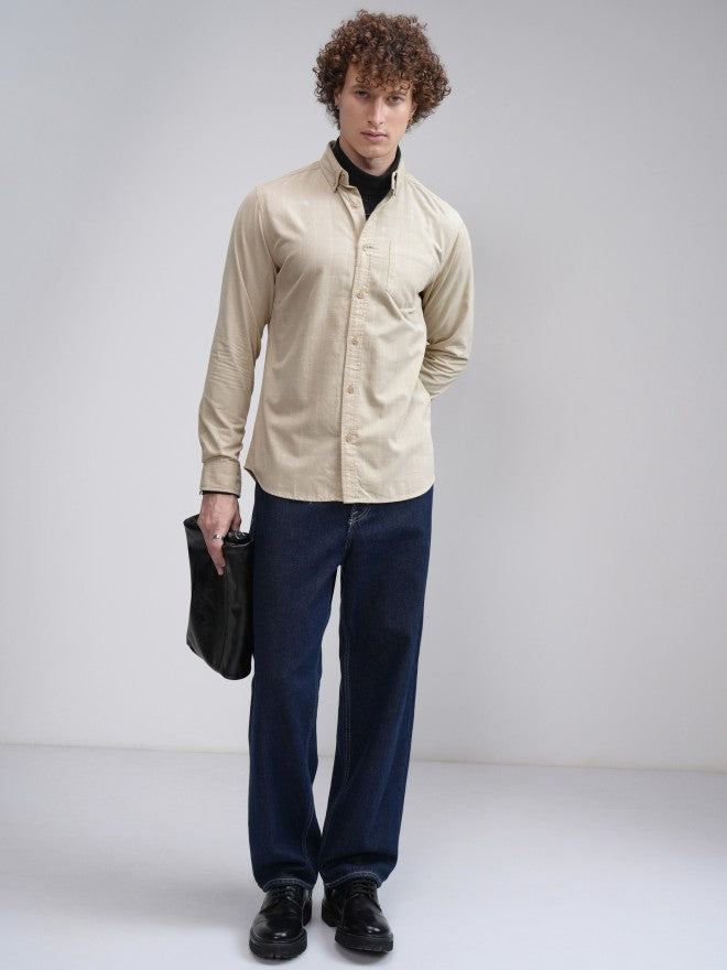 Highlander Men Beige Checked Slim Fit Casual Shirt - Beige - Image 2