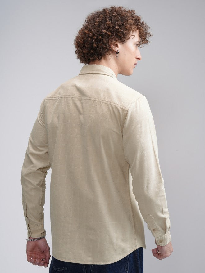 Highlander Men Beige Checked Slim Fit Casual Shirt - Beige - Image 3