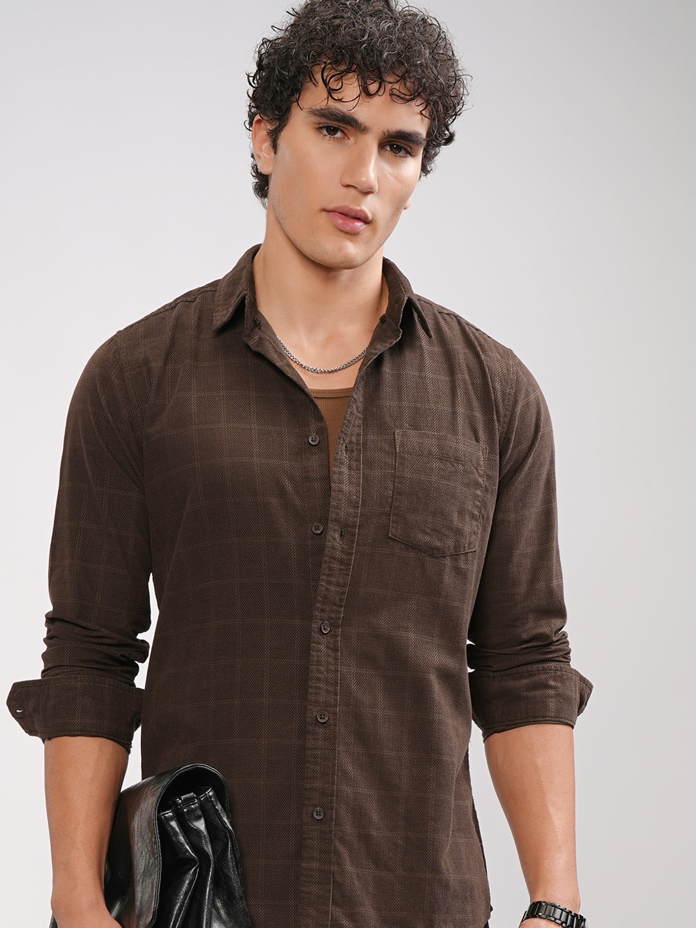 Highlander Men Brown Checked Slim Fit Casual Shirt - Brown - Image 1