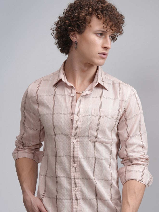 Highlander Men Peach Checked Slim Fit Casual Shirt - Peach - Image 1