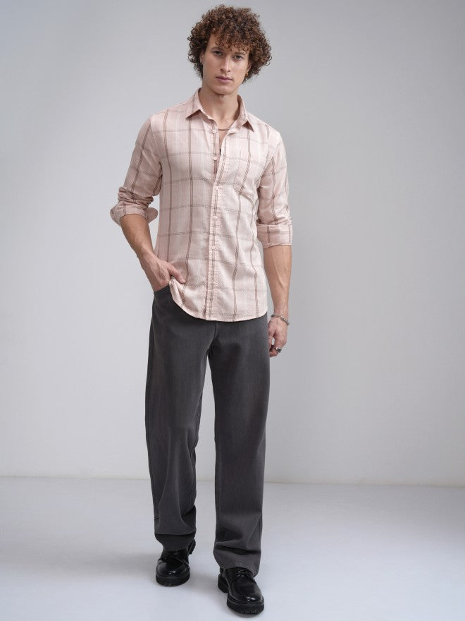 Highlander Men Peach Checked Slim Fit Casual Shirt - Peach - Image 2