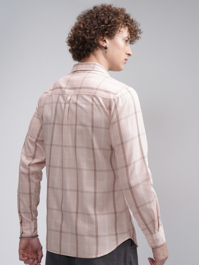 Highlander Men Peach Checked Slim Fit Casual Shirt - Peach - Image 3