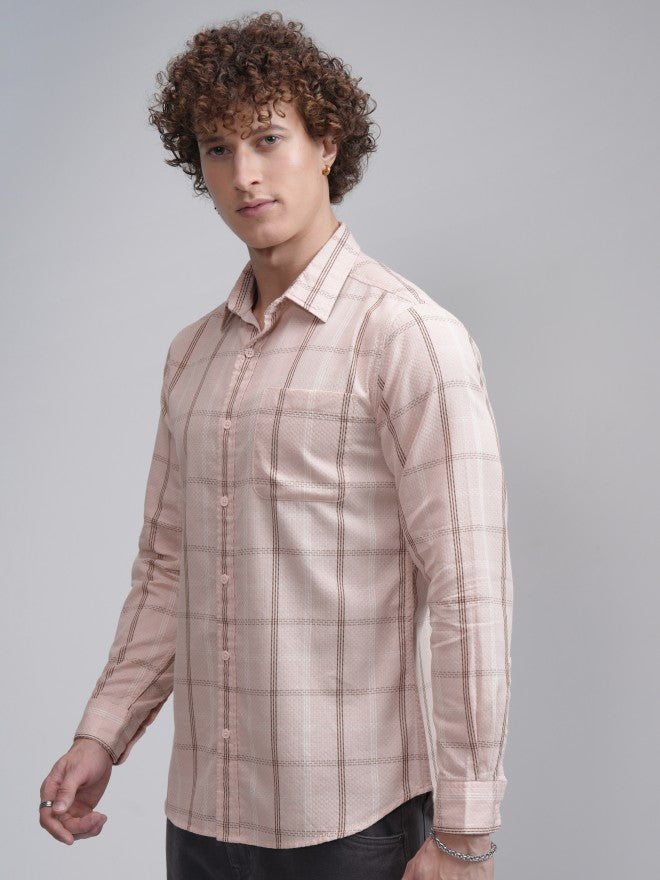 Highlander Men Peach Checked Slim Fit Casual Shirt - Peach - Image 4