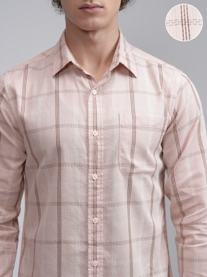 Highlander Men Peach Checked Slim Fit Casual Shirt - Peach - Image 5