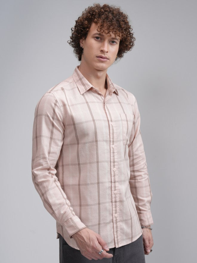Highlander Men Peach Checked Slim Fit Casual Shirt - Peach - Image 6