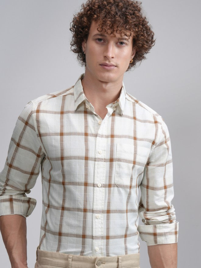 Highlander Men Cream Checked Slim Fit Casual Shirt - Cream - Image 1