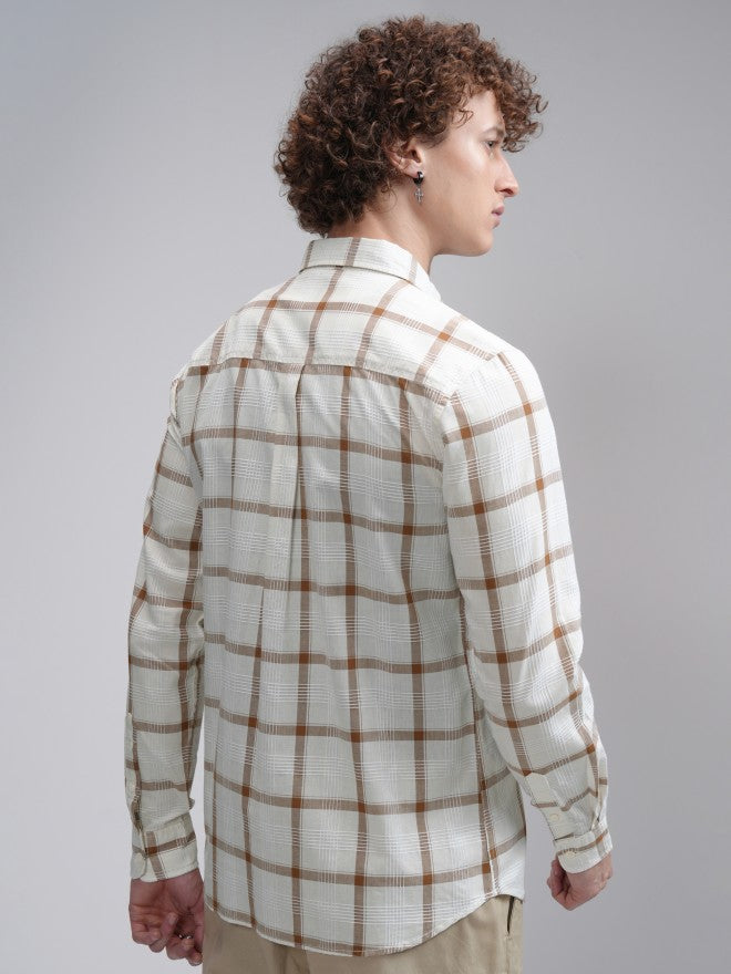 Highlander Men Cream Checked Slim Fit Casual Shirt - Cream - Image 3