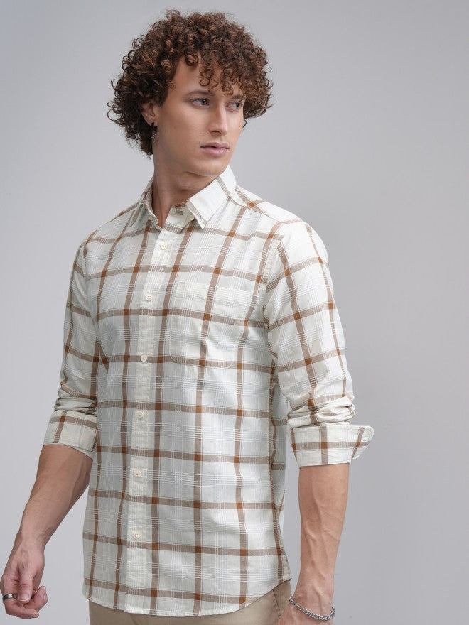Highlander Men Cream Checked Slim Fit Casual Shirt - Cream - Image 4