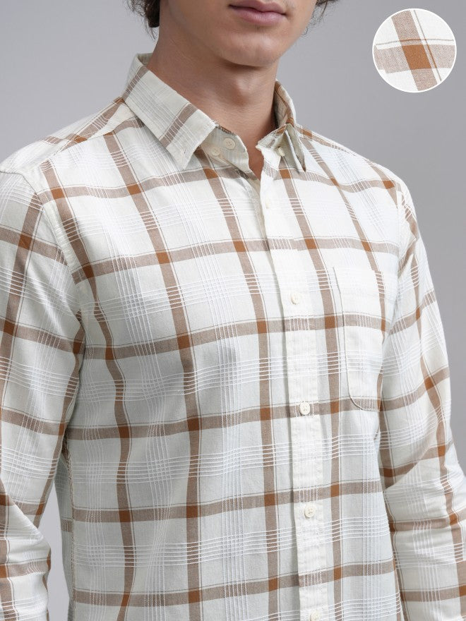 Highlander Men Cream Checked Slim Fit Casual Shirt - Cream - Image 5