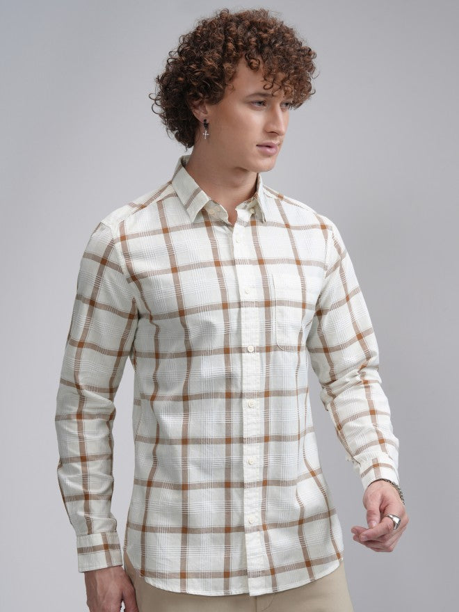 Highlander Men Cream Checked Slim Fit Casual Shirt - Cream - Image 6
