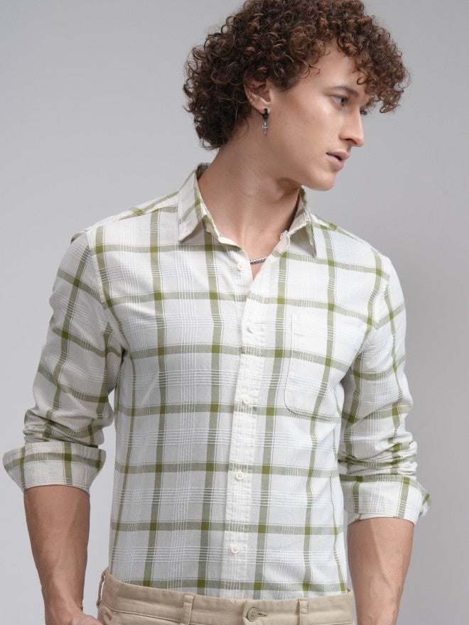 Highlander Men Cream Checked Slim Fit Casual Shirt - Cream - Image 1