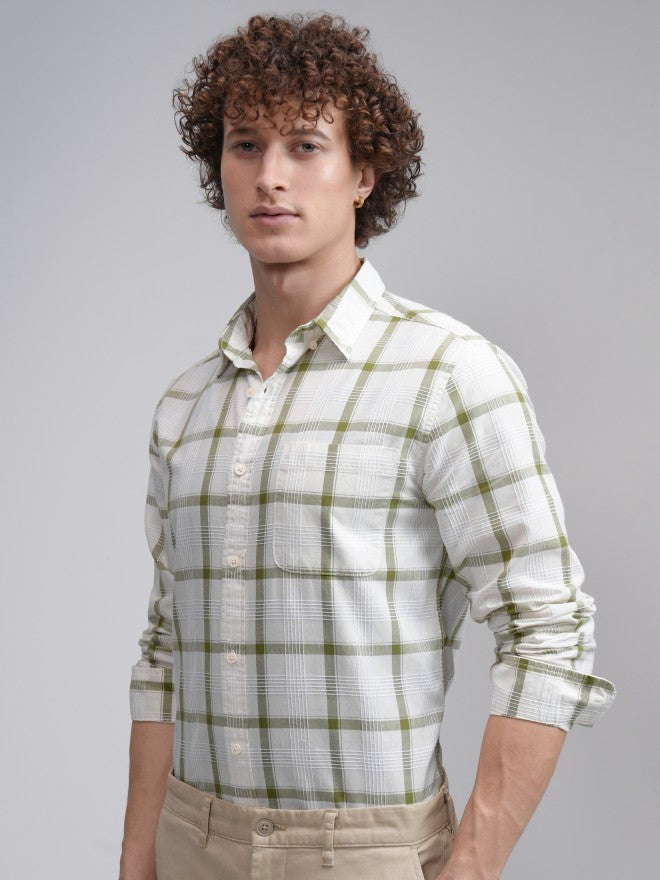 Highlander Men Cream Checked Slim Fit Casual Shirt - Cream - Image 4