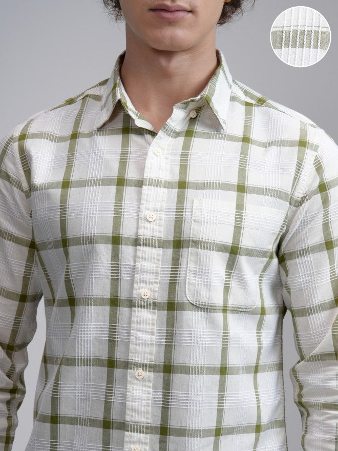 Highlander Men Cream Checked Slim Fit Casual Shirt - Cream - Image 5