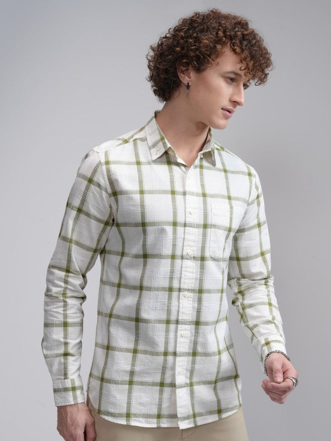 Highlander Men Cream Checked Slim Fit Casual Shirt - Cream - Image 6