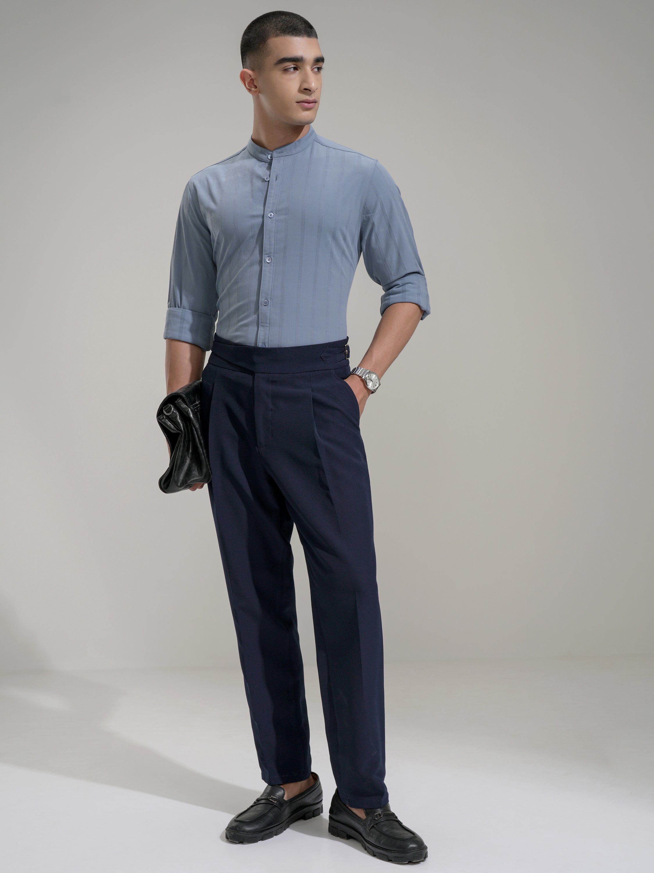 Highlander Men Blue Self Design Slim Fit Casual Shirt - Blue - Image 2
