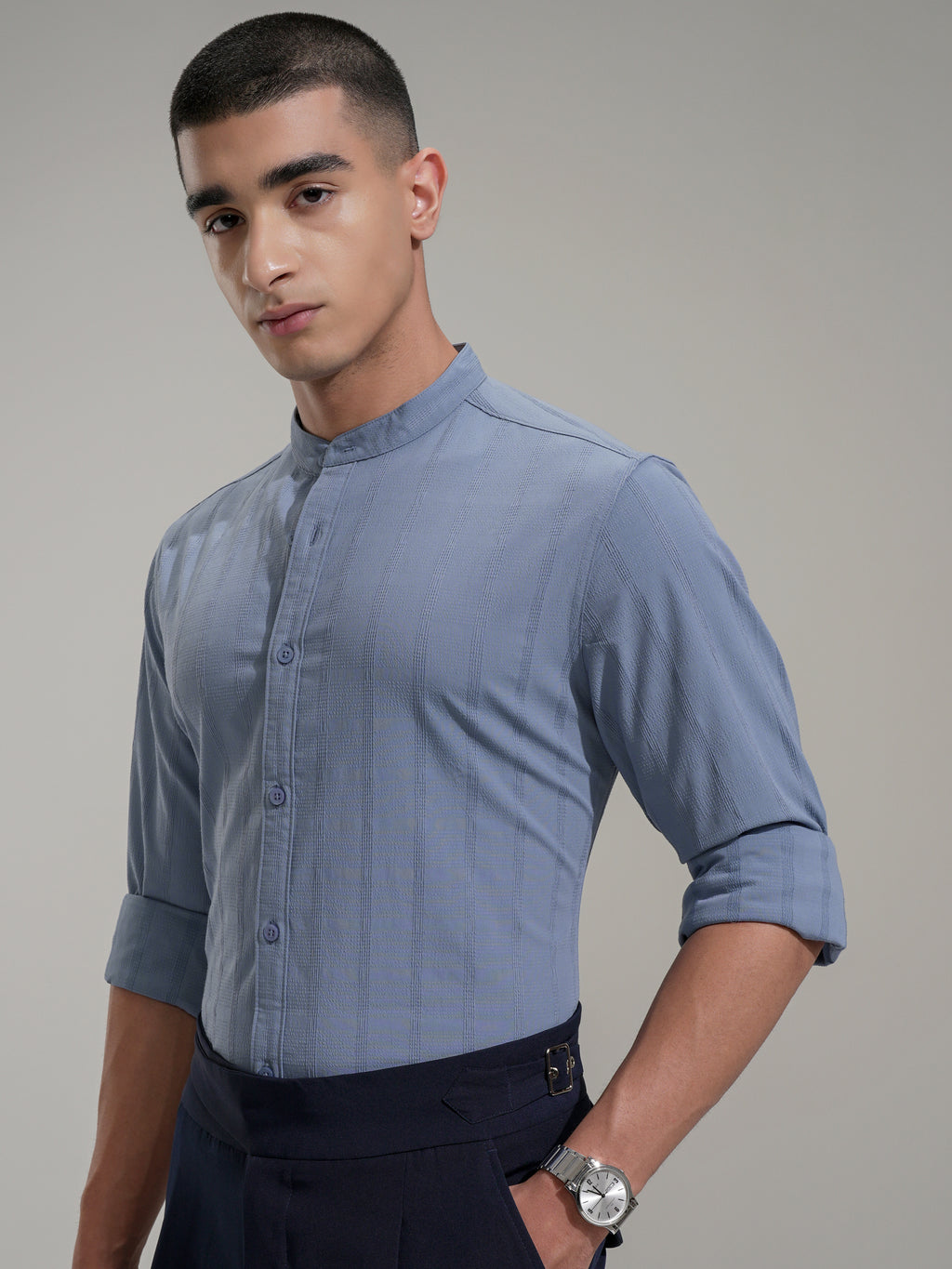 Highlander Men Blue Self Design Slim Fit Casual Shirt - Blue - Image 4