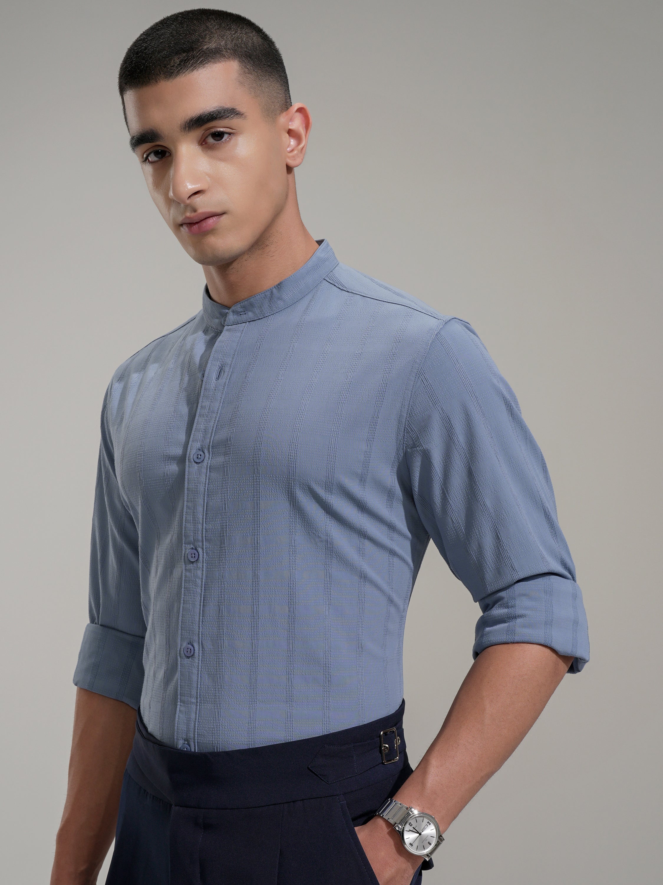 Highlander Men Blue Self Design Slim Fit Casual Shirt - Blue - Image 4