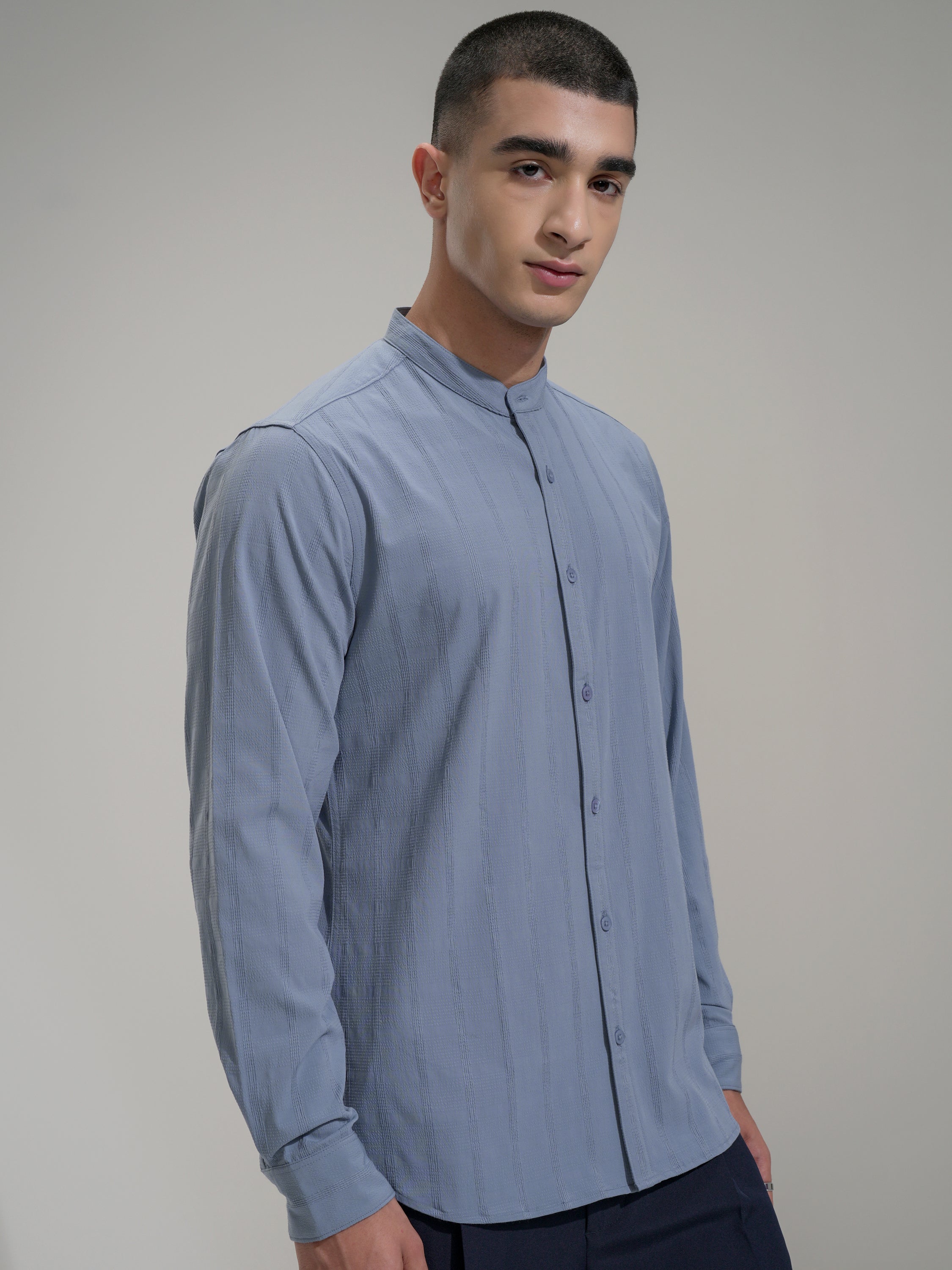 Highlander Men Blue Self Design Slim Fit Casual Shirt - Blue - Image 6