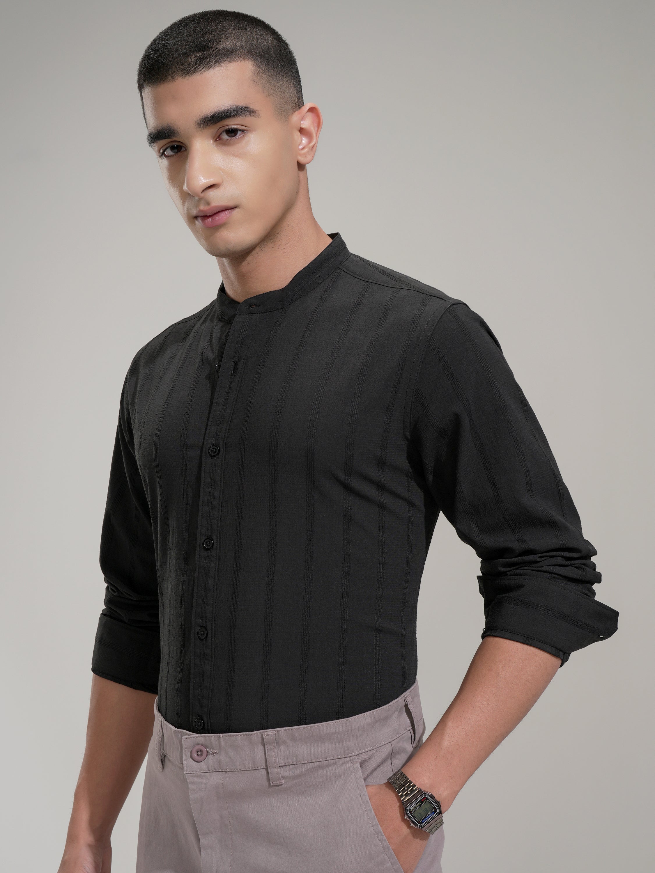 Highlander Men Black Self Design Slim Fit Casual Shirt - Black - Image 4
