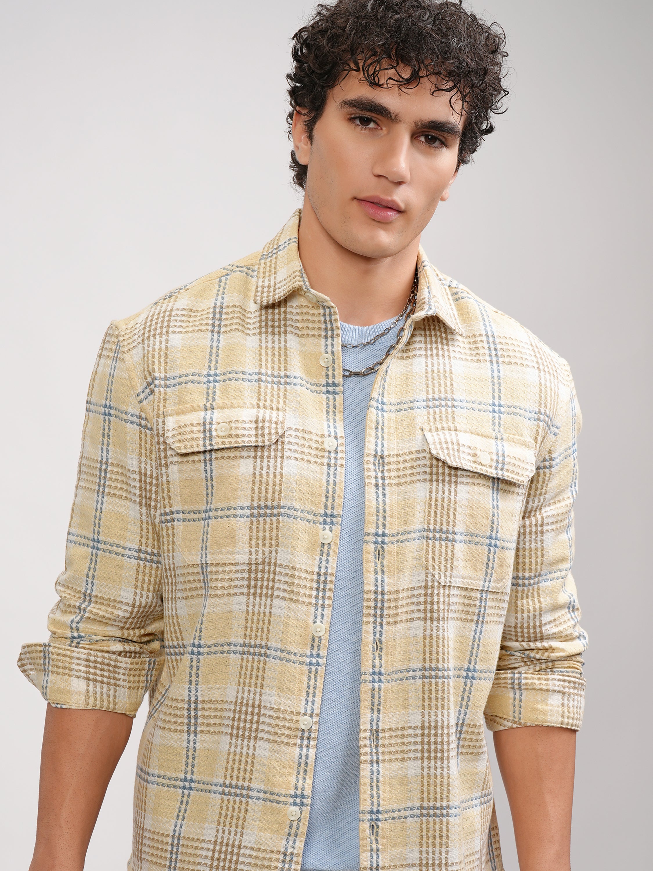 Highlander Men Yellow Checked Relaxed Fit Casual Shirt - Yellow - Image 1
