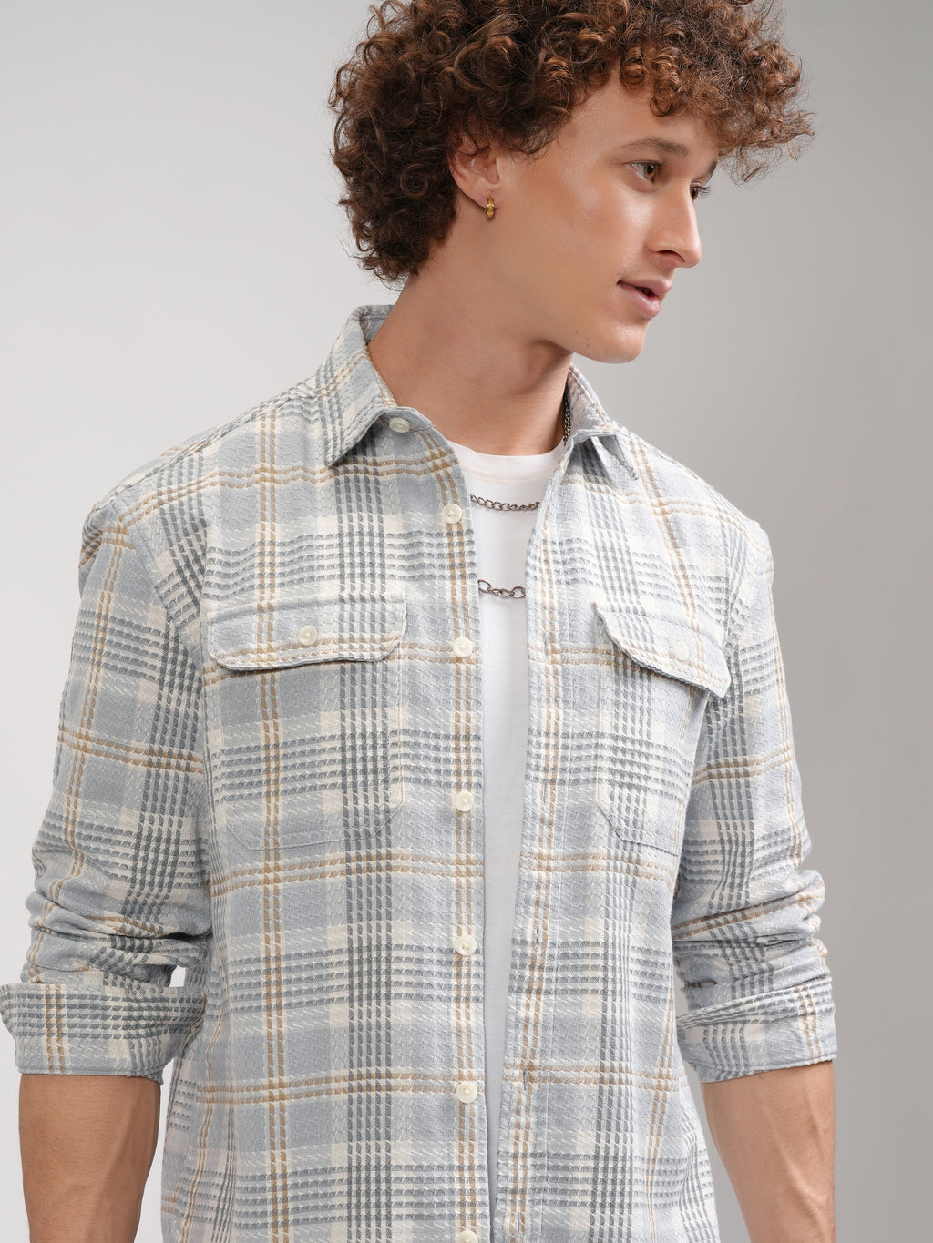 Highlander Men Grey Checked Oversized Fit Casual Shirt - Grey - Image 1