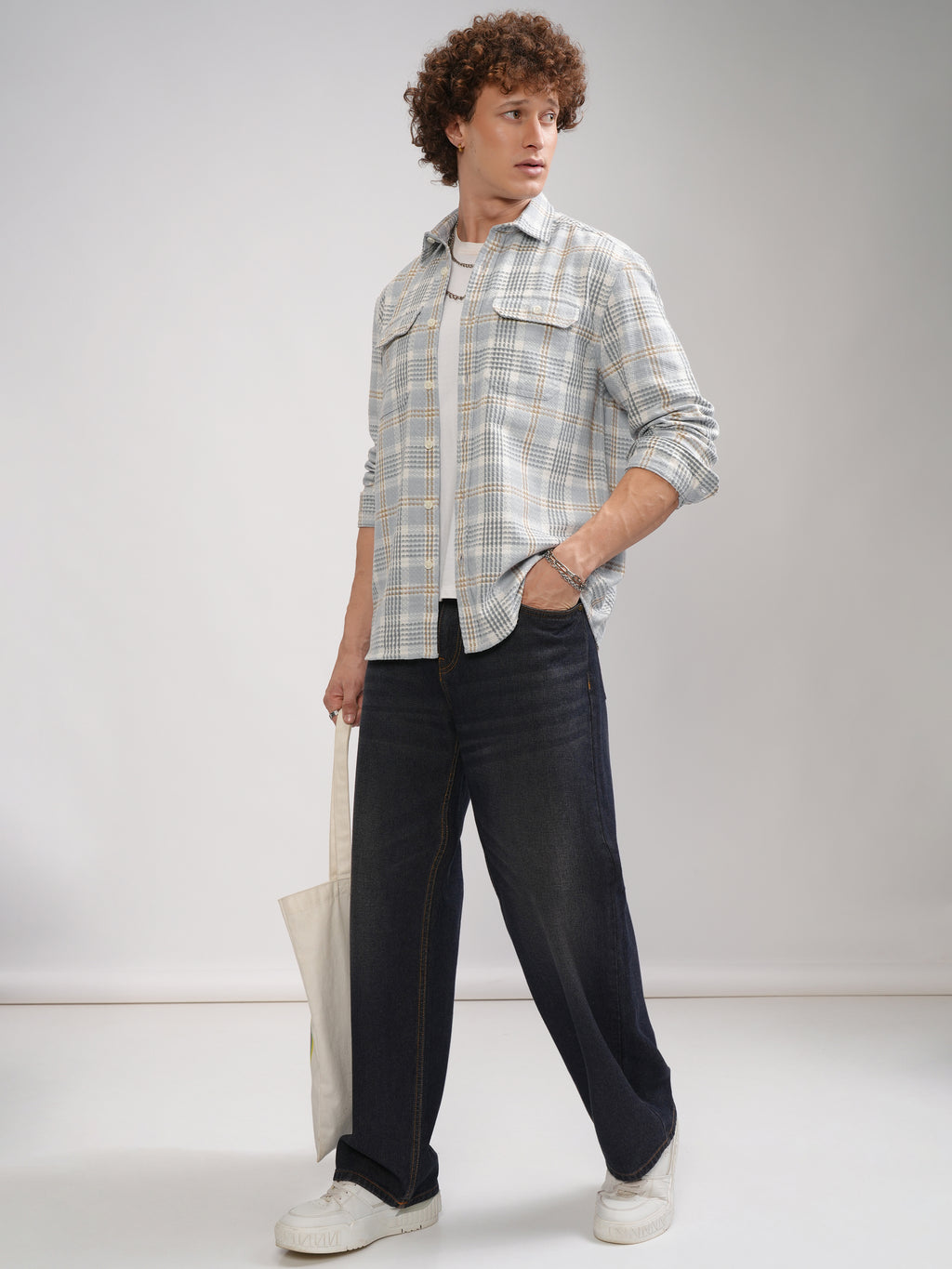 Highlander Men Grey Checked Oversized Fit Casual Shirt - Grey - Image 2