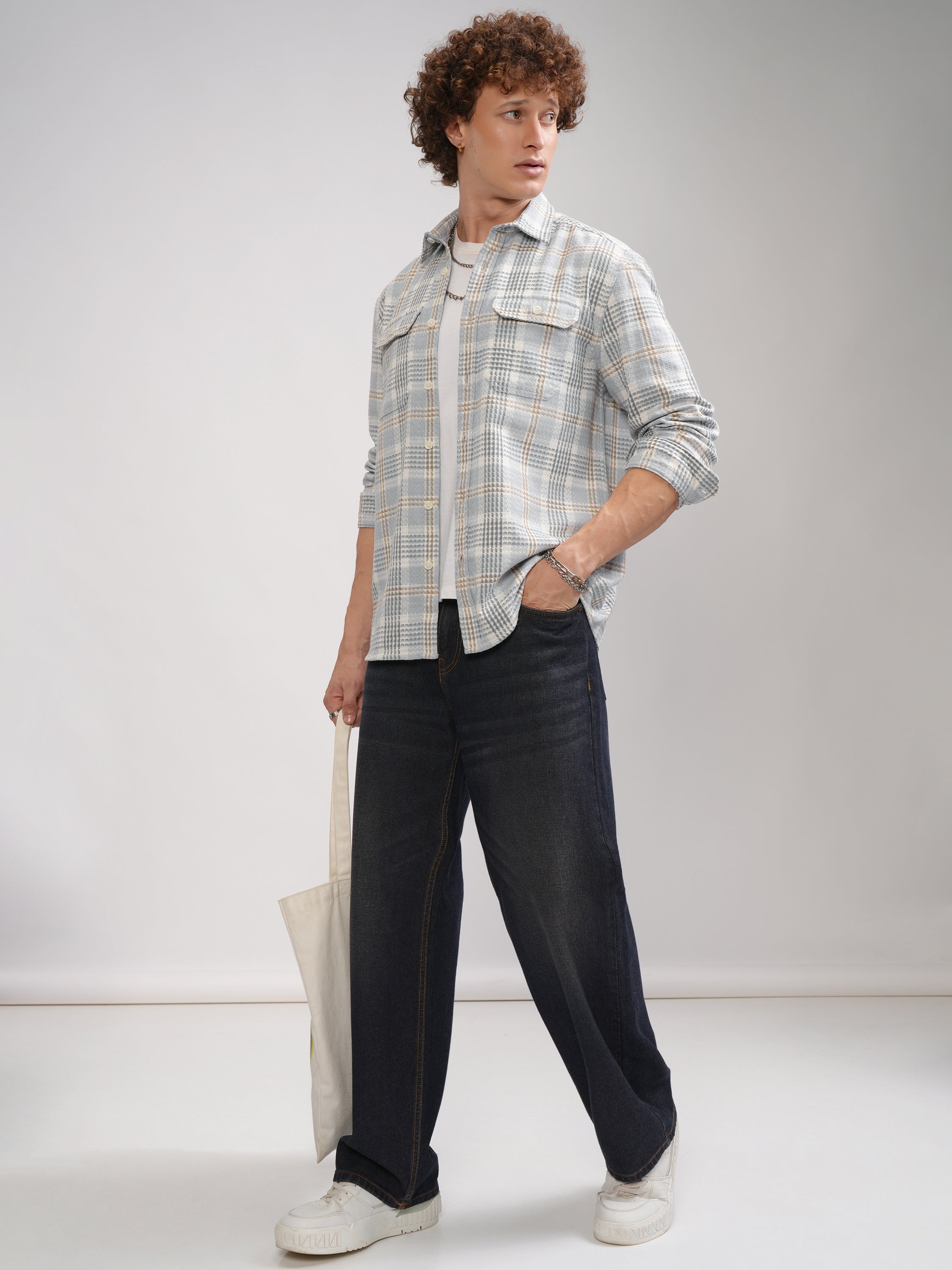Highlander Men Grey Checked Oversized Fit Casual Shirt - Grey - Image 2