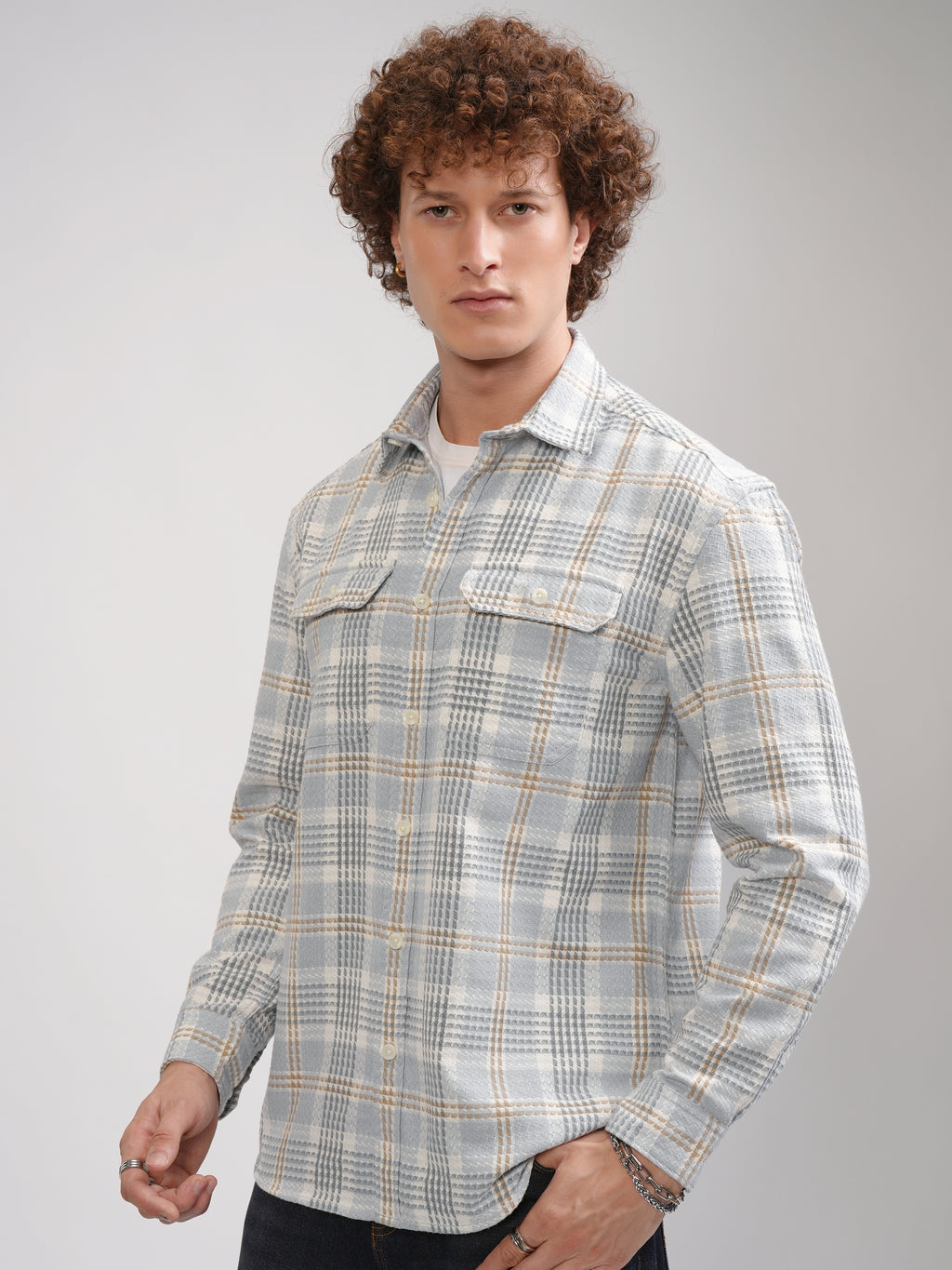 Highlander Men Grey Checked Oversized Fit Casual Shirt - Grey - Image 4