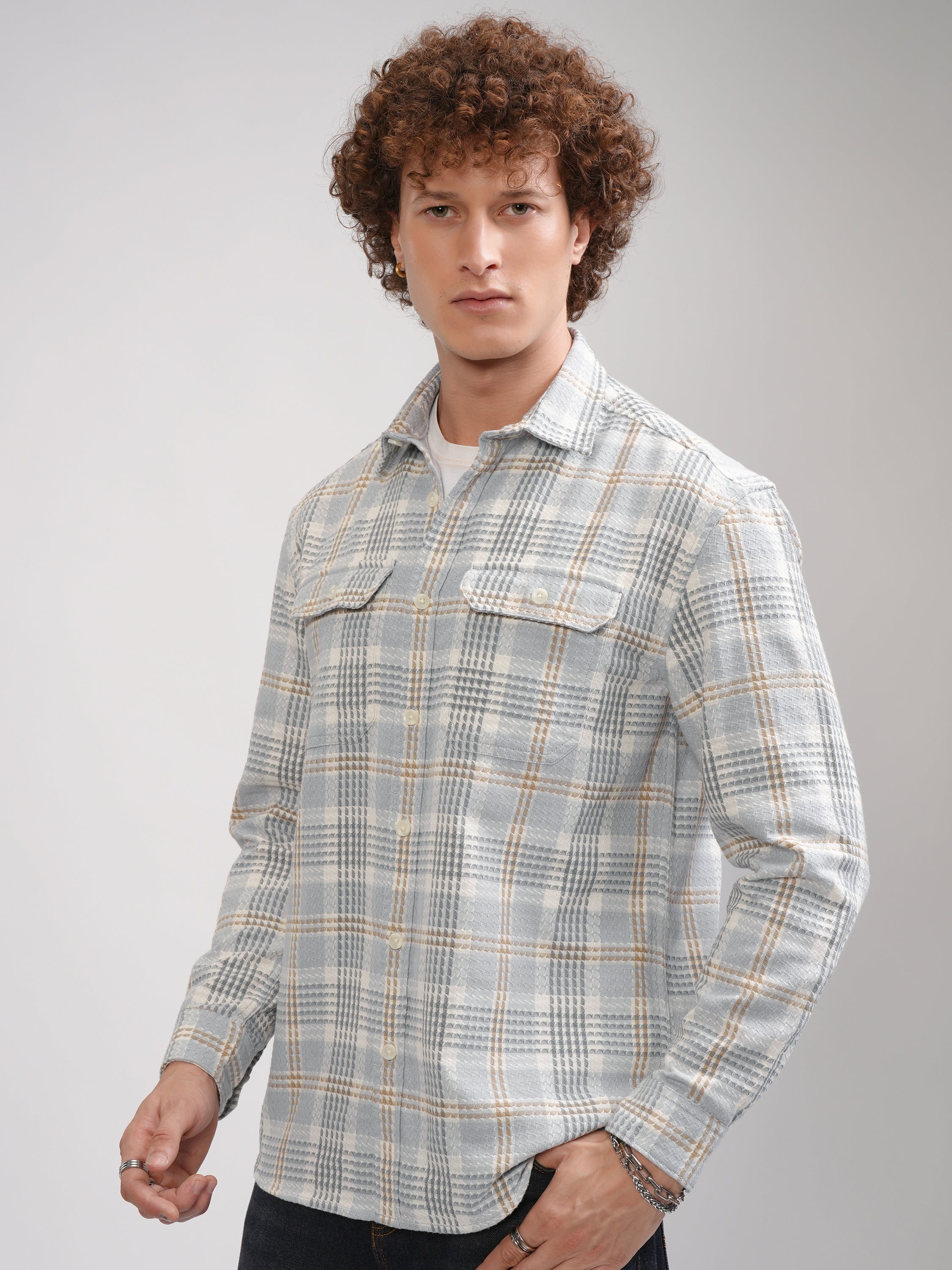 Highlander Men Grey Checked Oversized Fit Casual Shirt - Grey - Image 4