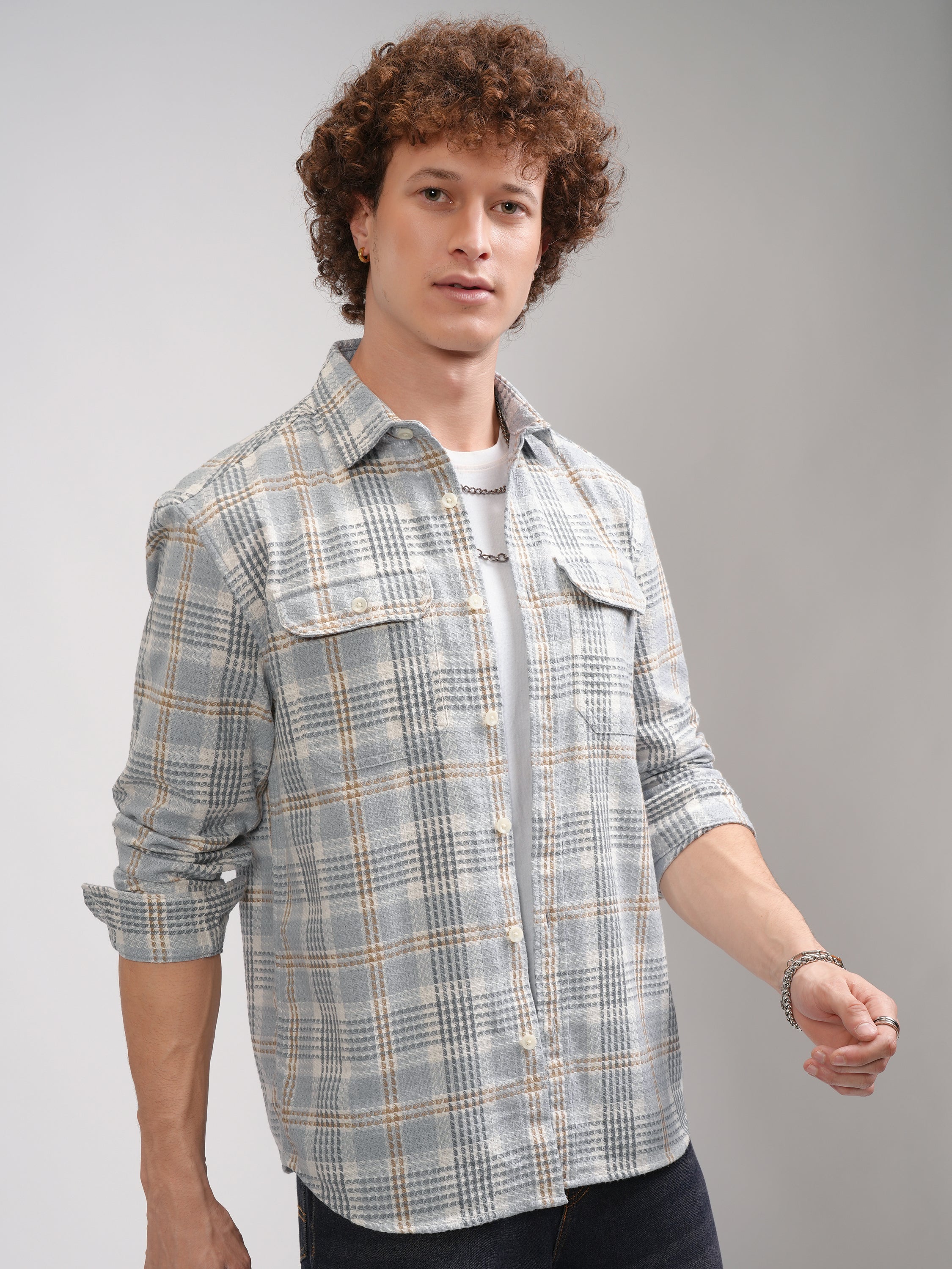 Highlander Men Grey Checked Oversized Fit Casual Shirt - Grey - Image 6