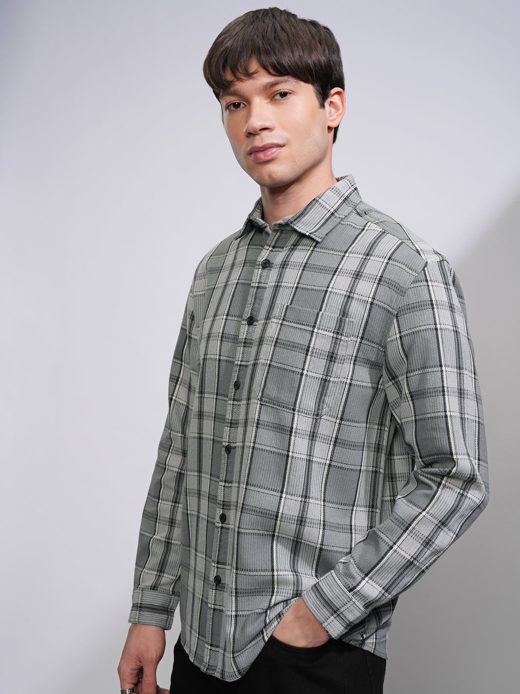Highlander Men Grey Checked Relaxed Fit Casual Shirt - Grey - Image 4