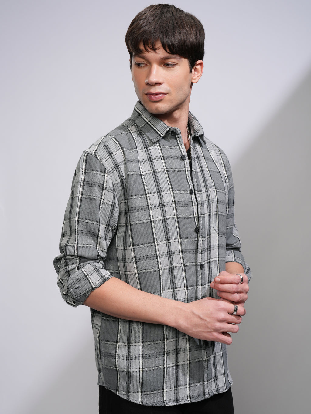 Highlander Men Grey Checked Relaxed Fit Casual Shirt - Grey - Image 6