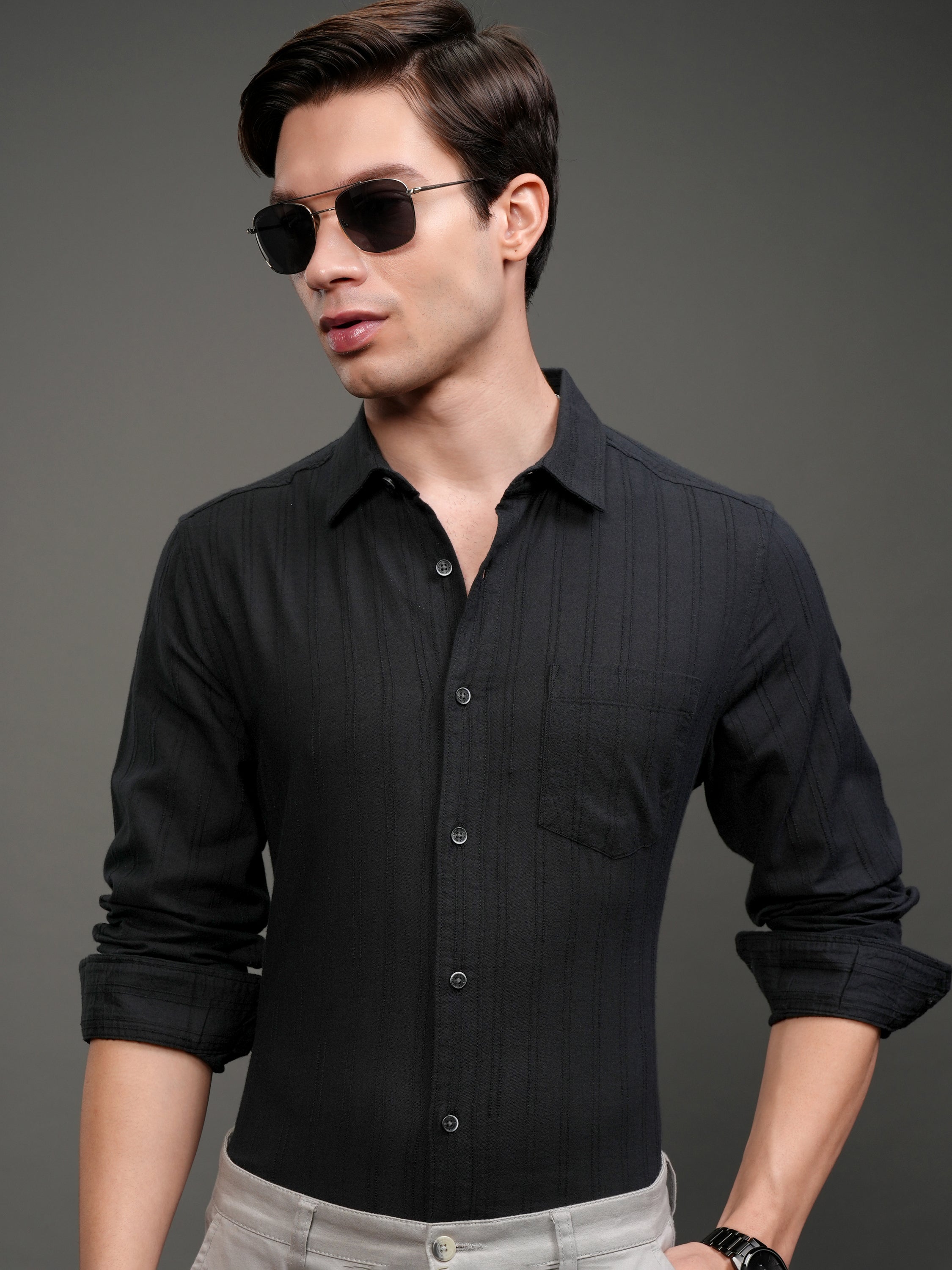 Highlander Men Black Striped Slim Fit Casual Shirt - Black - Image 1
