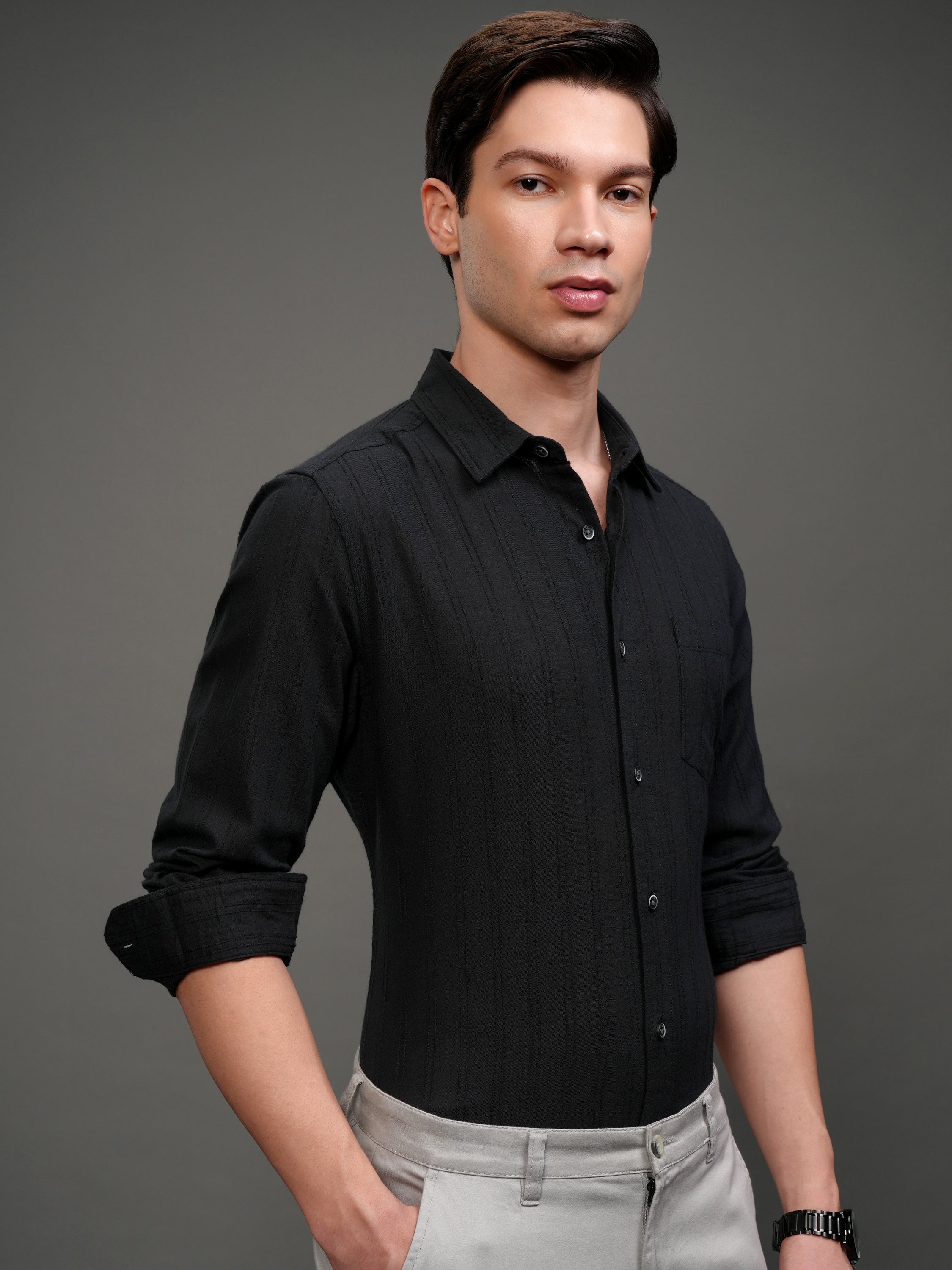 Highlander Men Black Striped Slim Fit Casual Shirt - Black - Image 6
