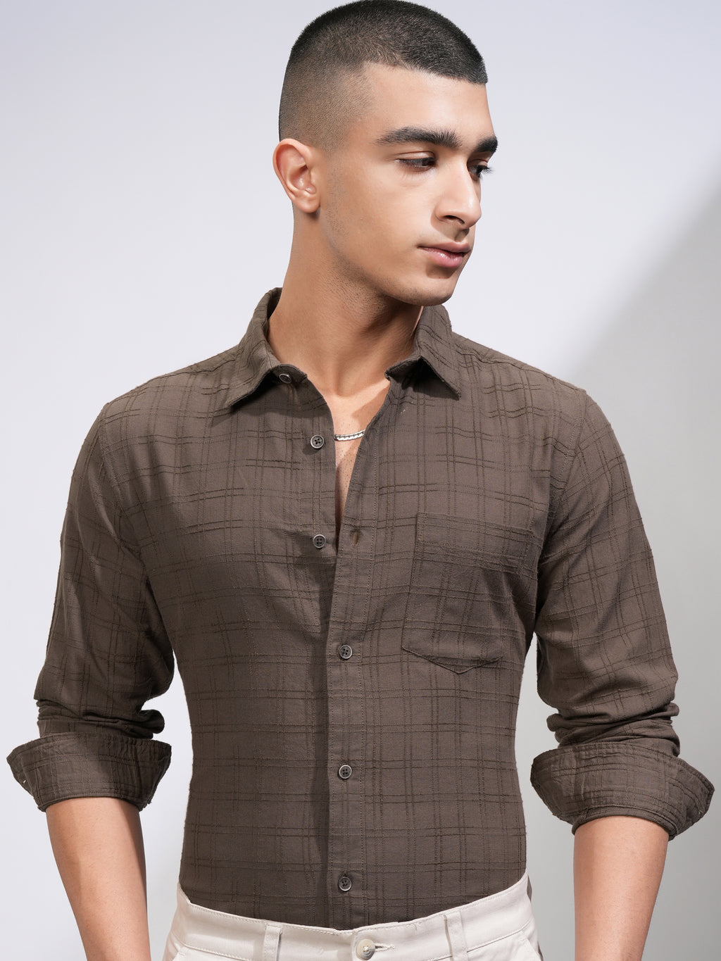 Highlander Men Brown Checked Slim Fit Casual Shirt - Brown - Image 1