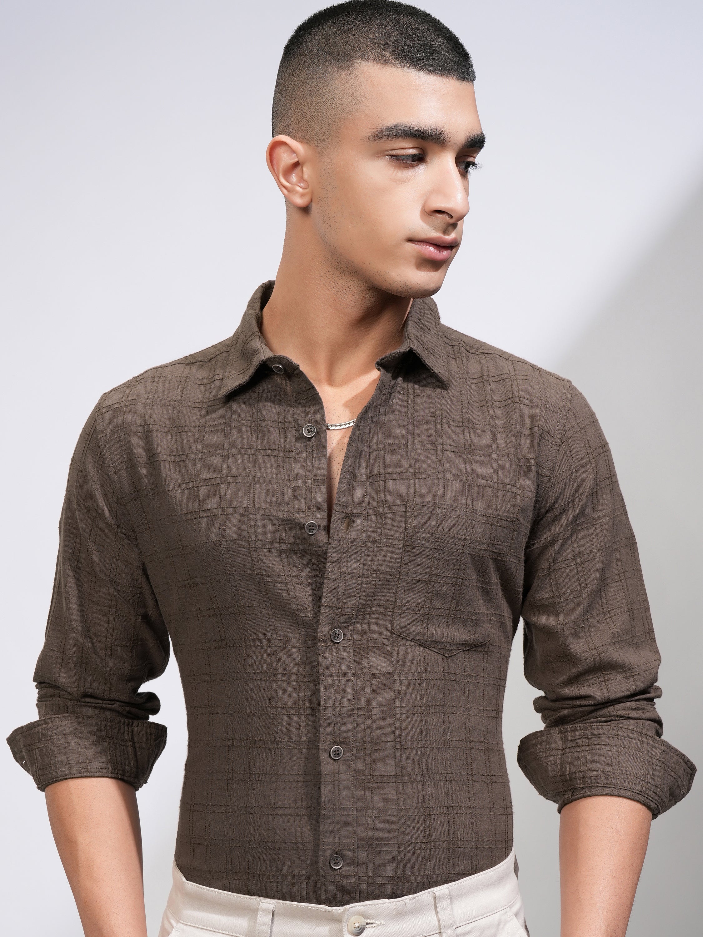 Highlander Men Brown Checked Slim Fit Casual Shirt - Brown - Image 1