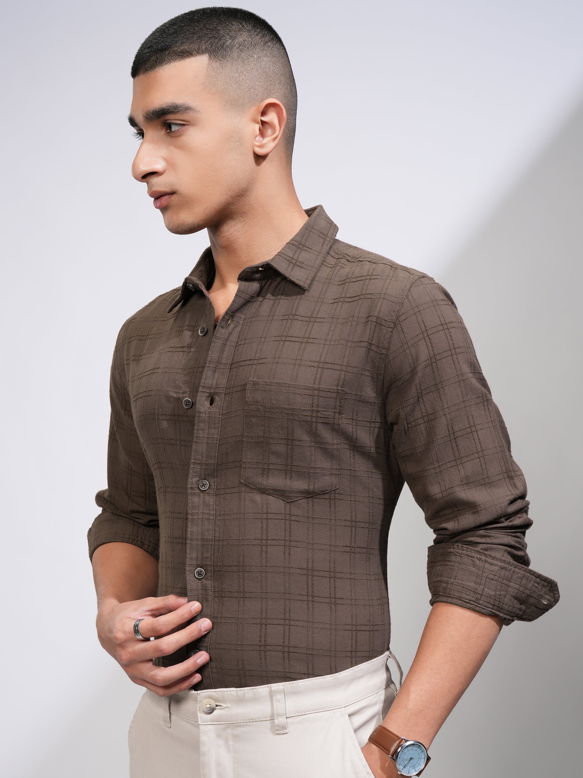 Highlander Men Brown Checked Slim Fit Casual Shirt - Brown - Image 4