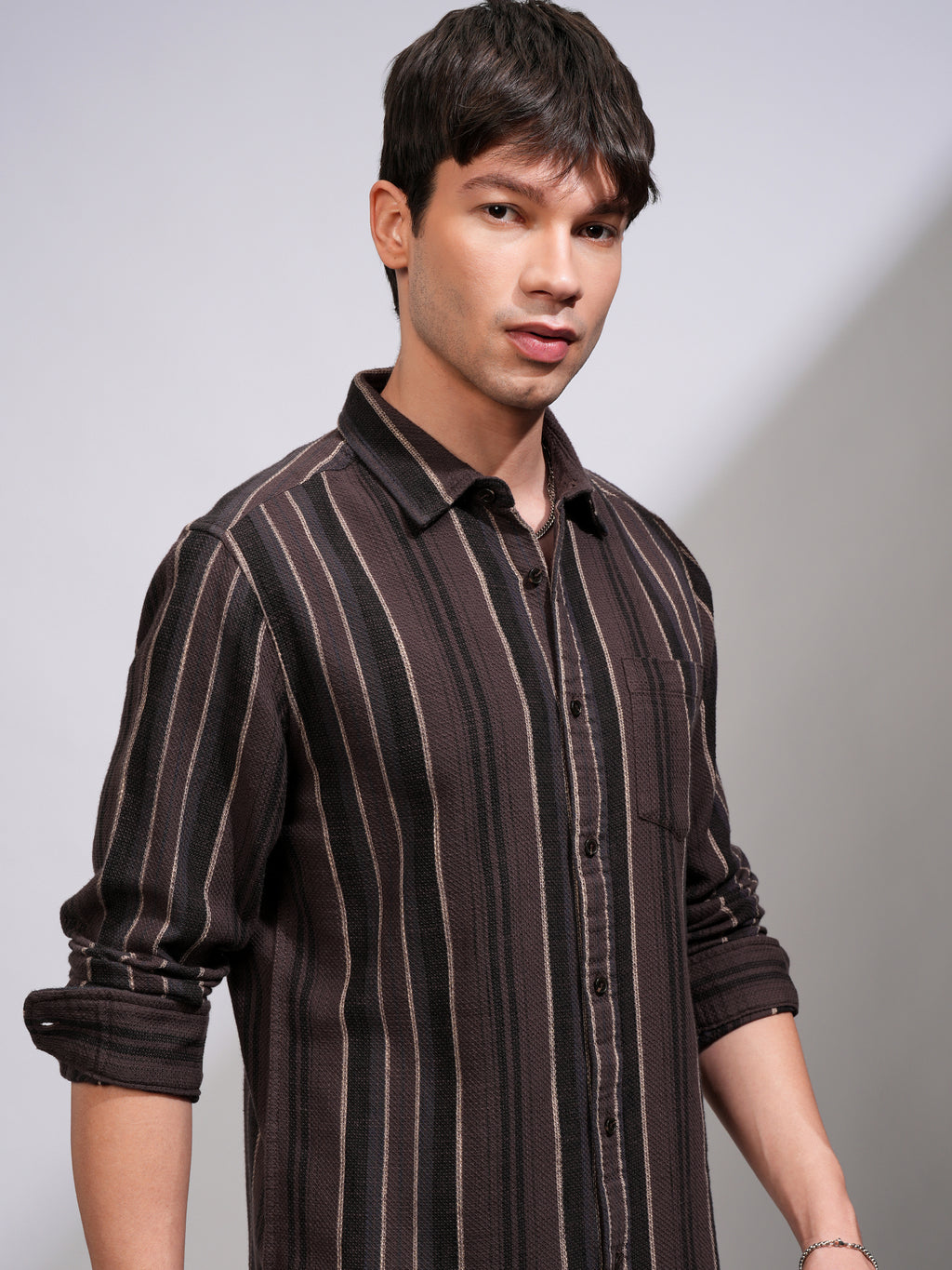 Highlander Men Brown Striped Relaxed Fit Casual Shirt - Brown - Image 1