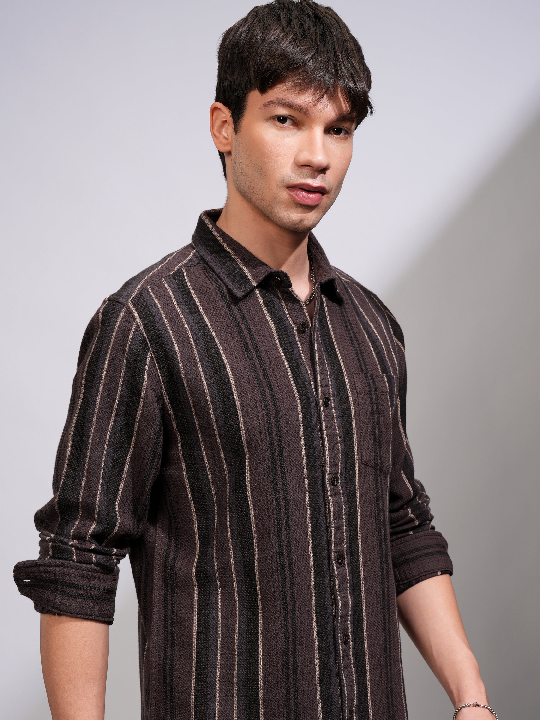 Highlander Men Brown Striped Relaxed Fit Casual Shirt - Brown - Image 1