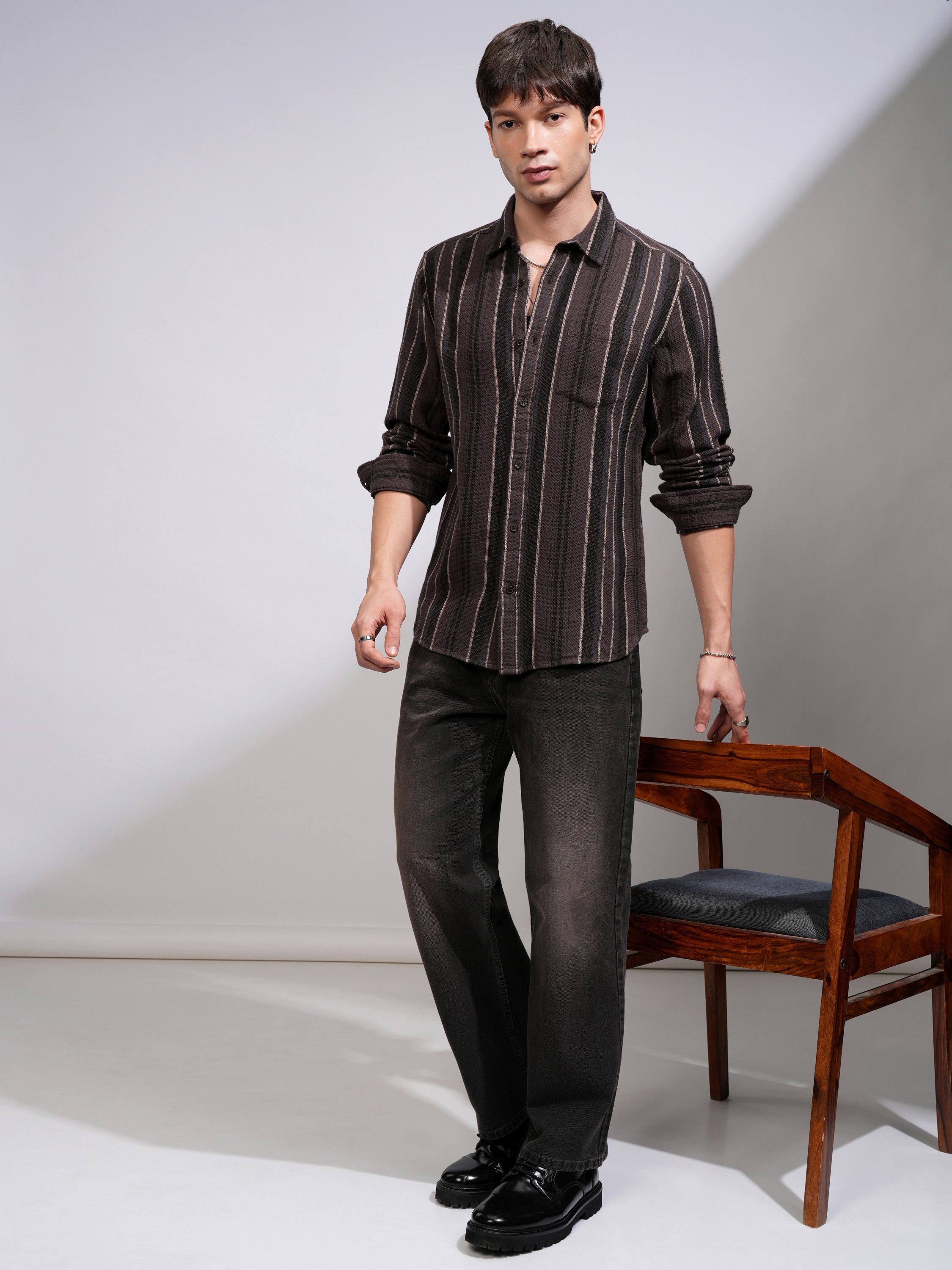Highlander Men Brown Striped Relaxed Fit Casual Shirt - Brown - Image 2