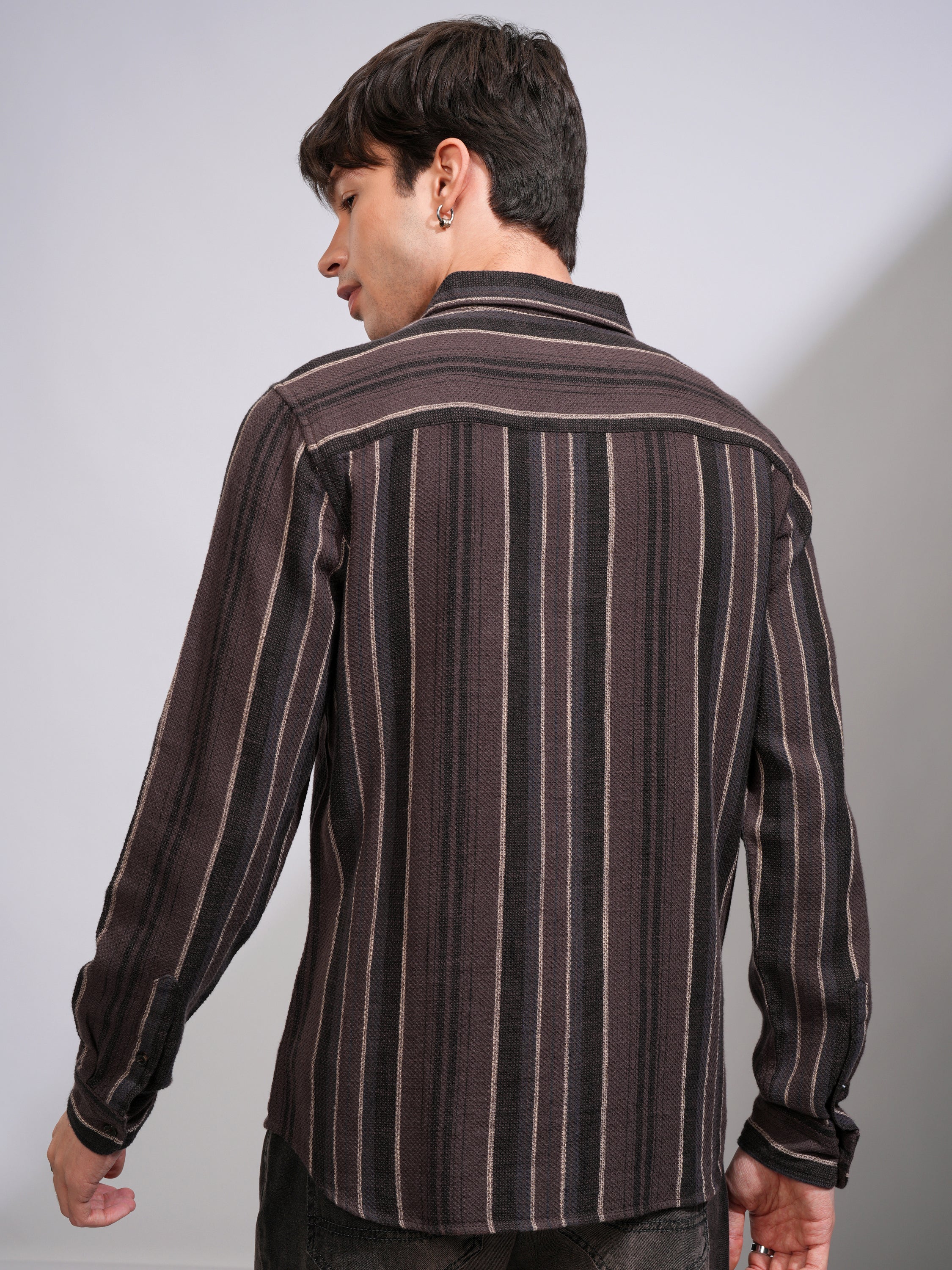 Highlander Men Brown Striped Relaxed Fit Casual Shirt - Brown - Image 3
