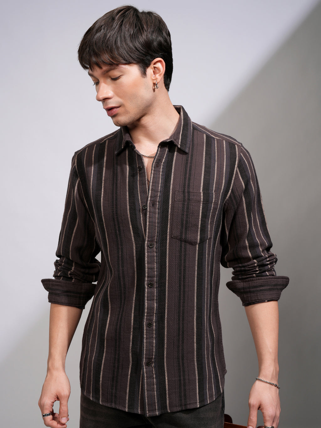 Highlander Men Brown Striped Relaxed Fit Casual Shirt - Brown - Image 4