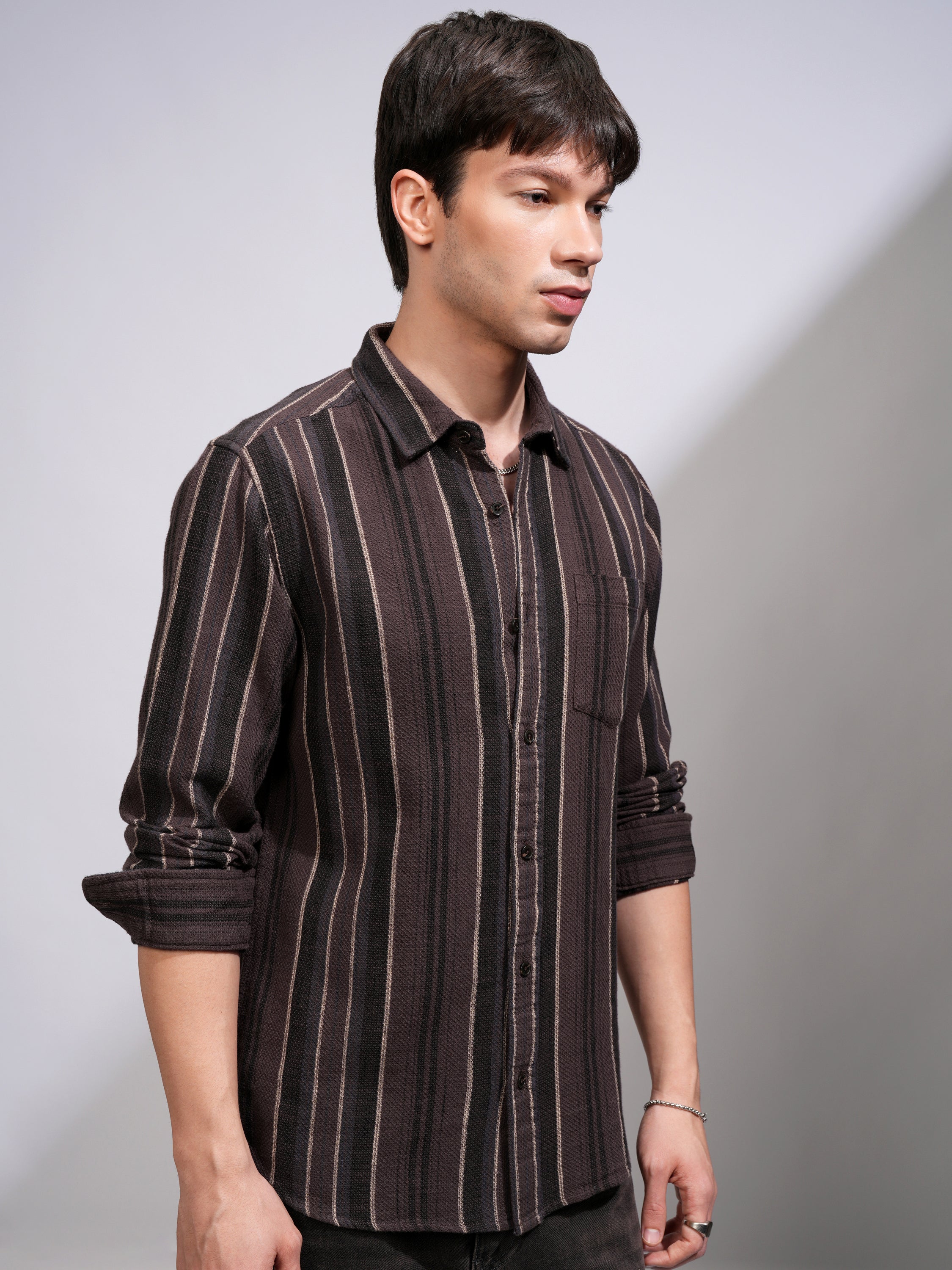 Highlander Men Brown Striped Relaxed Fit Casual Shirt - Brown - Image 6